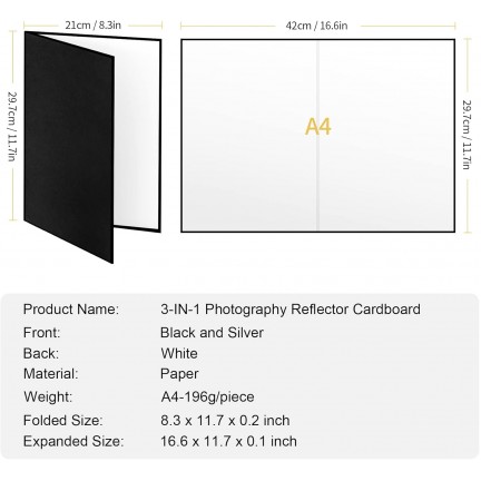 3in1 Light Reflector Photography Cardboard 12x8 inch Black White and Silver