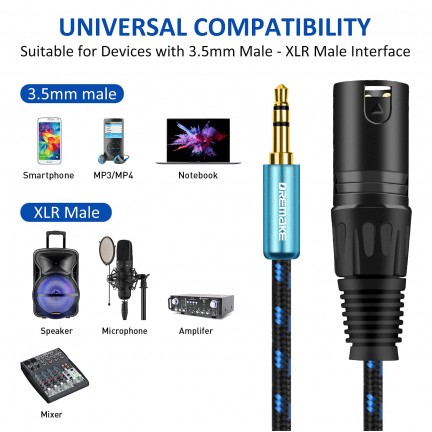 Braided 3.5mm (1/8 Inch) Male to XLR 3-Pin Male Stereo Audio Cable 1.5M