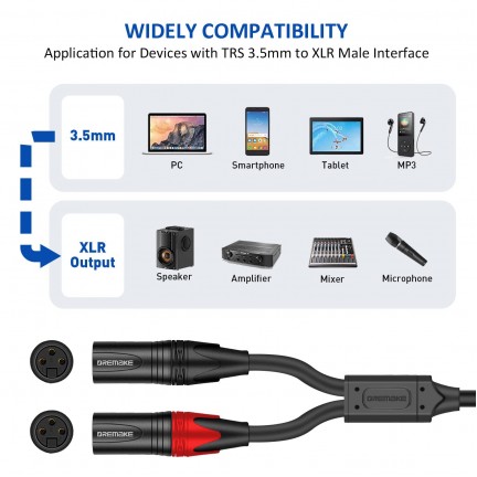 Aux 3.5mm (1/8 Inch) Male to Dual XLR 3-Pin Dual XLR Male Stereo Audio Cable 1M