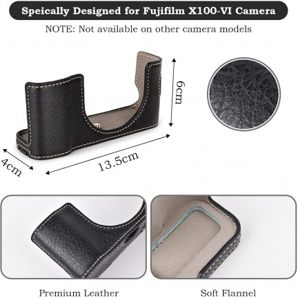 Leather Camera Half Case Compatible with Fujifilm X100VI Digital Camera Black