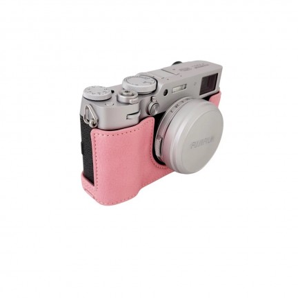 Leather Camera Half Case Compatible with Fujifilm X100VI Digital Camera Pink with Strap