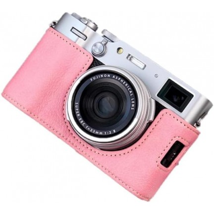 Leather Camera Half Case Compatible with Fujifilm X100VI Digital Camera Pink with Strap