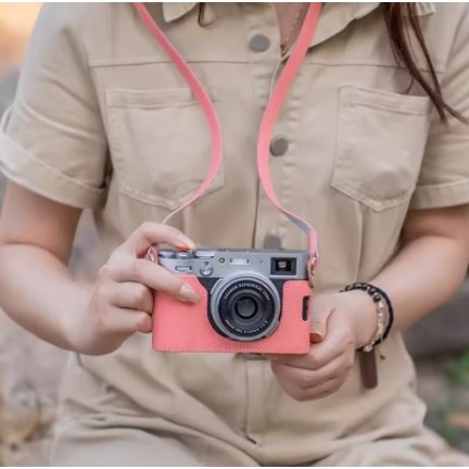 Leather Camera Half Case Compatible with Fujifilm X100VI Digital Camera Pink with Strap