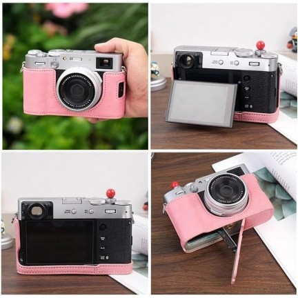 Leather Camera Half Case Compatible with Fujifilm X100VI Digital Camera Pink with Strap