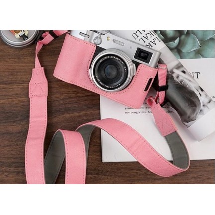 Leather Camera Half Case Compatible with Fujifilm X100VI Digital Camera Pink with Strap