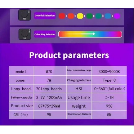 W70 RGB 7W 1200mAh LED Fill Light Portable Adjustable Light