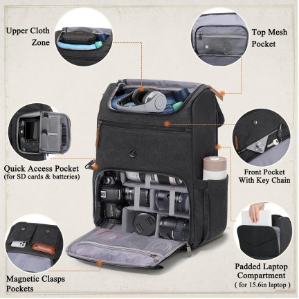Camera Bag DSLR/SLR/Mirrorless Camera Backpack for Photographers Photography Case Backpacks With 15.6" Laptop Compartment