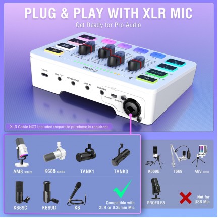 FIFINE AmpliGame SC3 Gaming USB Mixer Audio Mixer for Streaming & Podcast White
