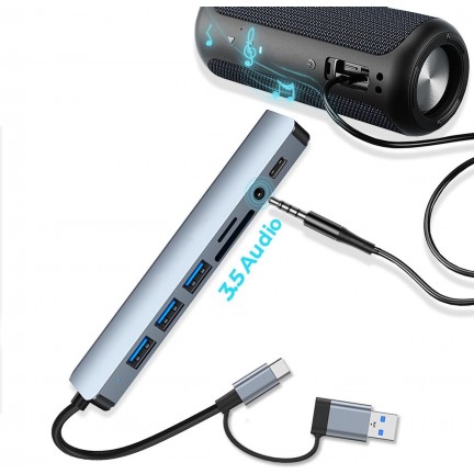 Type-C/USB 8-in-1 Hub USB 2.0*3 USB 3.0 USB-C SD Micro SD Audio