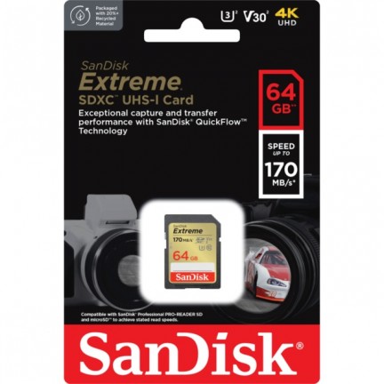 Sandisk Extreme 64GB 170mb/s SDXC UHS-I C10 U3 V30 Memory Card