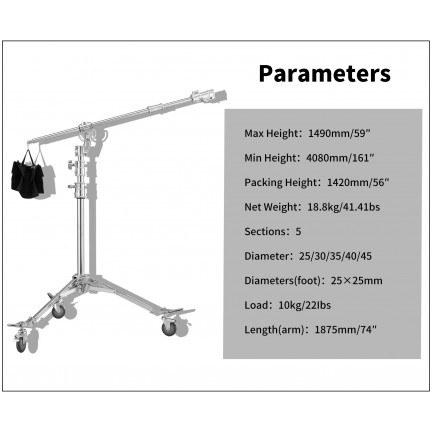 NiceFoto LS-M6 Stainless Steel Heavy Duty Adjustable Light Stand With Wheels and Arms