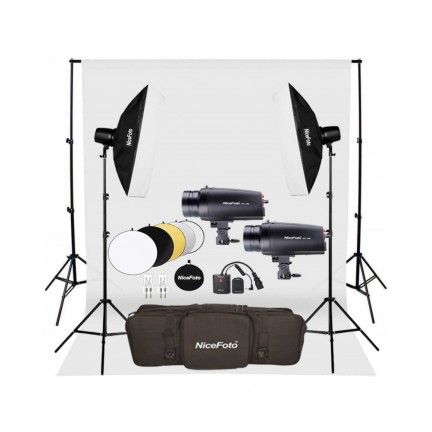 NiceFoto GY-180 2-Mini Studio Flash With White Background And Backdrop Stand
