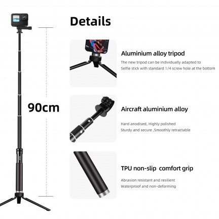 TELESIN 0.9m Extendable Aluminum Alloy Selfie Stick with Tripod and Phone Clip for GoPro
