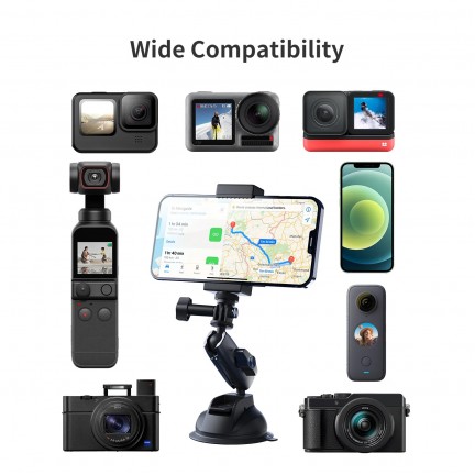 TELESIN Aluminum Alloy Camera Suction Cup Mount With Phone Clip