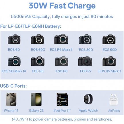 VILTROX BT-E6 Camera Battery Charging Case Power Bank for Canon LP-E6 (Battery Not Included)