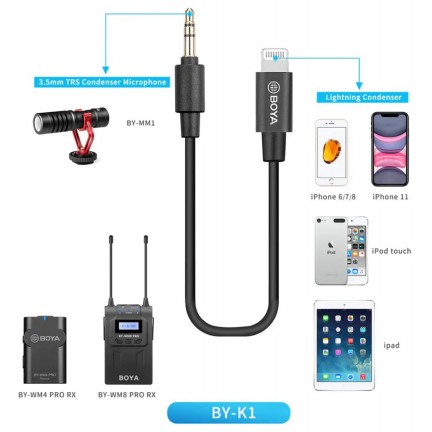 Boya BY-K1 3.5mm Male TRS 20cm Male Lightning Adapter Cable Compatible with iPhone iOS Devices