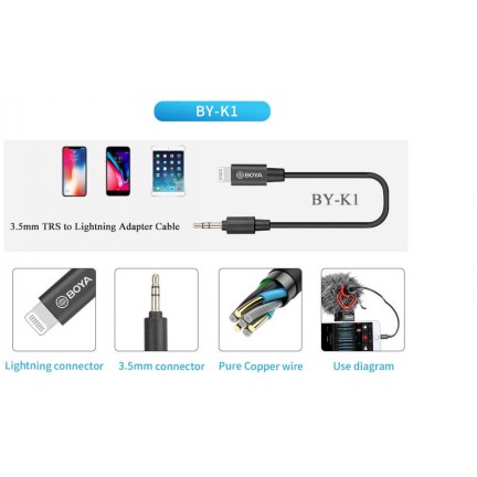 Boya BY-K1 3.5mm Male TRS 20cm Male Lightning Adapter Cable Compatible with iPhone iOS Devices