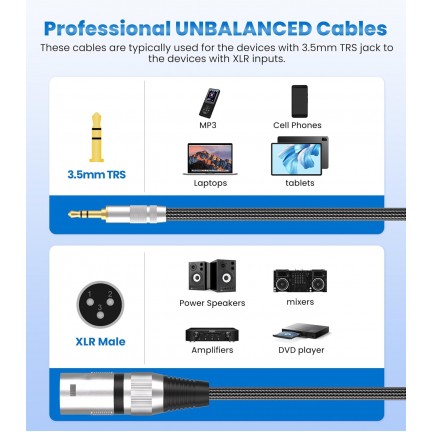 XLR Male to 3.5mm Cable Unbalanced Mini Jack 1/8 inch to XLR Male Adapter Microphone Cable 3M