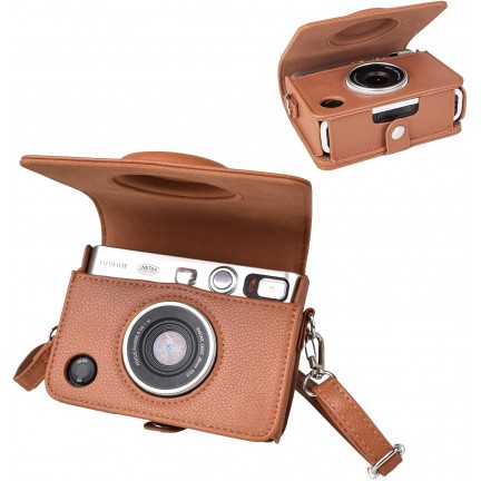 Leather Camera Case for FUJIFILM Instax Mini Evo With Shoulder Strap (Brown)