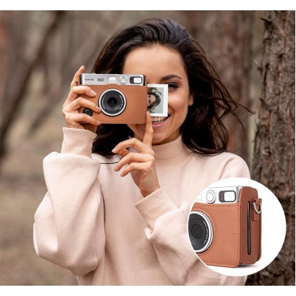 Leather Camera Case for FUJIFILM Instax Mini Evo With Shoulder Strap (Brown)