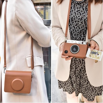 Leather Camera Case for FUJIFILM Instax Mini Evo With Shoulder Strap (Brown)