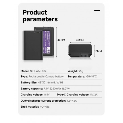 NP-FW50 Battery 2250mAh Type-C Port for Sony ZV-E10 Alpha A6000 A6300 A6400 A6500 A5000 A5100 A7 A7II A7R A7RII A7S A7SII RX10 II III NEX-3 NEX-5