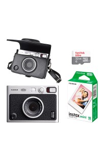 FUJIFILM INSTAX MINI EVO Hybrid Instant Camera Black with 32GB Memory Card/Leather Case/Instant Film-10 Sheets