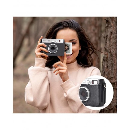 FUJIFILM INSTAX MINI EVO Hybrid Instant Camera Black with 32GB Memory Card/Leather Case/Instant Film-10 Sheets