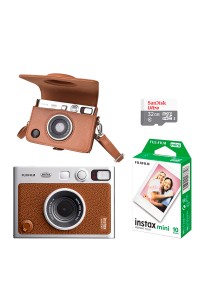 FUJIFILM INSTAX MINI EVO Hybrid Instant Camera Brown with 32GB Memory Card/Leather Case/Instant Film-10 Sheets