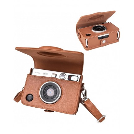 FUJIFILM INSTAX MINI EVO Hybrid Instant Camera Brown with 32GB Memory Card/Leather Case/Instant Film-10 Sheets