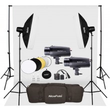 NiceFoto GY-180 2-Mini Studio Flash With White Background And Backdrop Stand