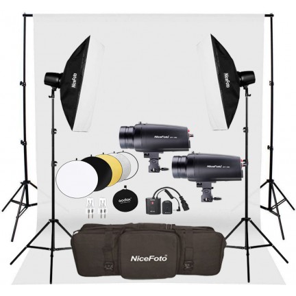 NiceFoto GY-180 2-Mini Studio Flash With White Background And Backdrop Stand