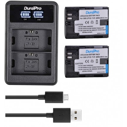 DuraPro 2 x 2000mAh LP-E6 Battery + LCD Charger For Canon 5D Mark II/III/IV, 5DS,5DS R,6D,6D Mark II,7D,7D Mark II,60D,70D,80D
