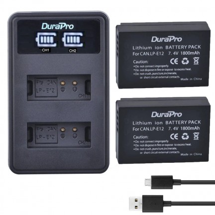 DuraPro 2 x 1800mAh LP-E12 Battery + LCD USB Dual Charger EOS M2,M10,M50,M50 Mark II,M100,M200,SX70 HS