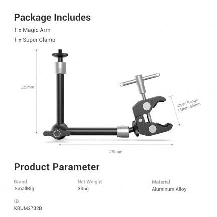 SmallRig Super Clamp w/ 1/4" and 3/8" Thread and 9.8 Inches Adjustable Friction Power Articulating Magic Arm with 1/4" Thread