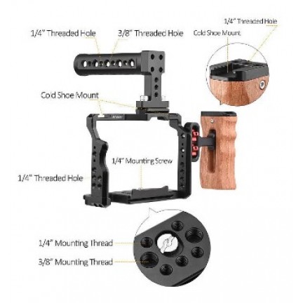 Camera Video Cage Top Handle Side Wooden Grip Dual Cold Shoe Mount 1/4"for Sony A7IV/A7III/A7II/A7R III/A7R II/A7S II