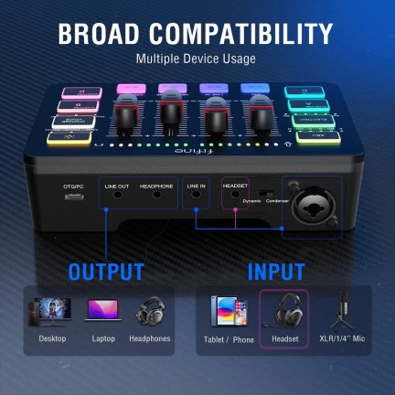 FIFINE AmpliGame SC3 Gaming Audio Mixer Streaming 4-Channel RGB Mixer with XLR Microphone Interface for Game Voice Podcast