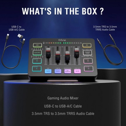 FIFINE AmpliGame SC3 Gaming Audio Mixer Streaming 4-Channel RGB Mixer with XLR Microphone Interface for Game Voice Podcast