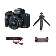 Canon EOS M50 EF-M 15-45mm IS STM Kit Black+Rode VideoMic GO Microphone,Manfrotto PIXI Mini Tripod and Smartphone Clamp Vlogger Kit