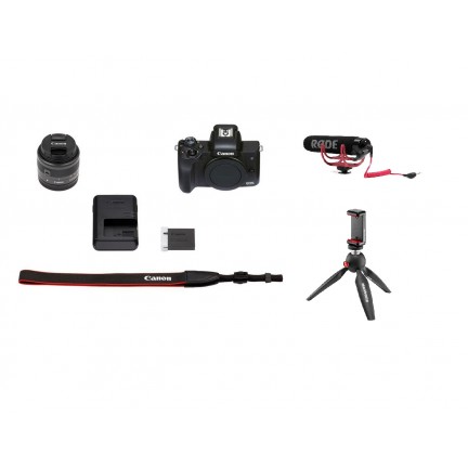 Canon EOS M50 EF-M 15-45mm IS STM Kit Black+Rode VideoMic GO Microphone,Manfrotto PIXI Mini Tripod and Smartphone Clamp Vlogger Kit