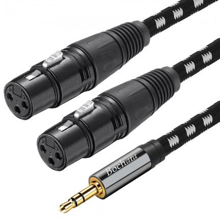 Braided 1/8'' 3.5mm TRS Jack to Dual XLR Female OFC Audio Cable