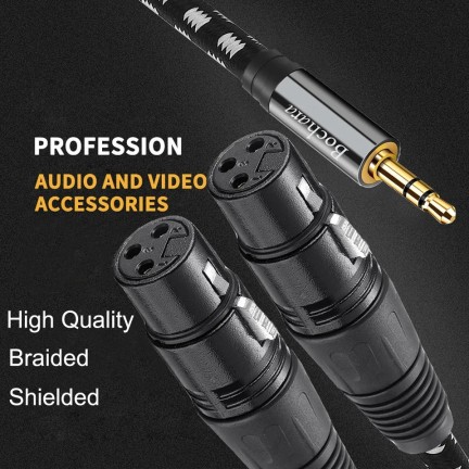 Braided 1/8'' 3.5mm TRS Jack to Dual XLR Female OFC Audio Cable