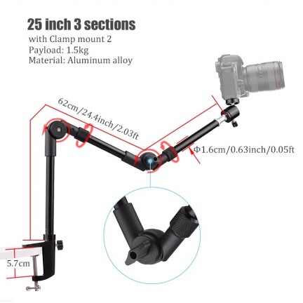 BFOLLOW Magic Articulated Arm 25" 32" Clamp Mount for DSLR Camera Camcorder Overhead Video Studio Webcam Tablet Phone Bracket
