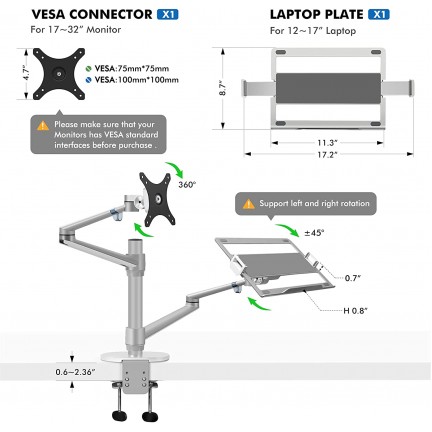 Aluminum Height Adjustable Desktop Dual Arm 17-32 inch Monitor Holder+12-17 inch Laptop Holder Stand OL-3L Full Motion Mount Arm