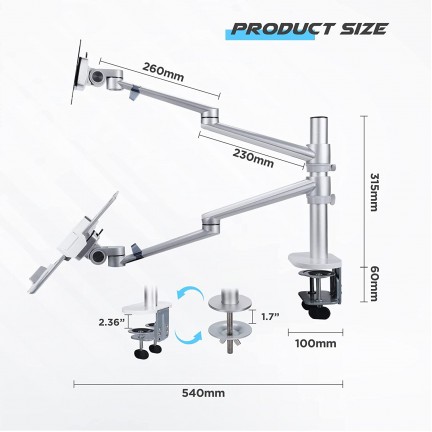 Aluminum Height Adjustable Desktop Dual Arm 17-32 inch Monitor Holder+12-17 inch Laptop Holder Stand OL-3L Full Motion Mount Arm