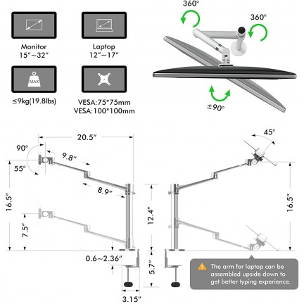 Aluminum Height Adjustable Desktop Dual Arm 17-32 inch Monitor Holder+12-17 inch Laptop Holder Stand OL-3L Full Motion Mount Arm