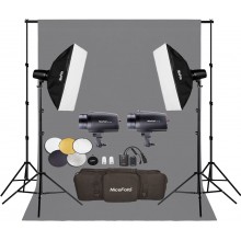 NiceFoto GY-180 2-Mini Studio Flash With Grey Background And Backdrop Stand