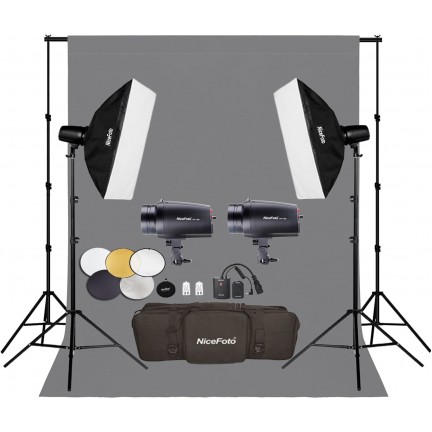 NiceFoto GY-180 2-Mini Studio Flash With Grey Background And Backdrop Stand