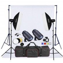 NiceFoto TB300-300W 2-Mini Studio Flash With White Background And Backdrop Stand