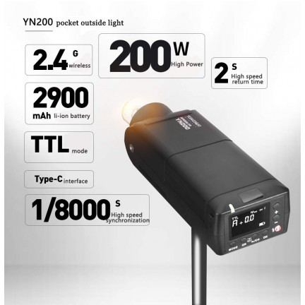 YONGNUO YN200 Flash Light TTL HSS 2.4G 200W Battery with USB Type C Compatible